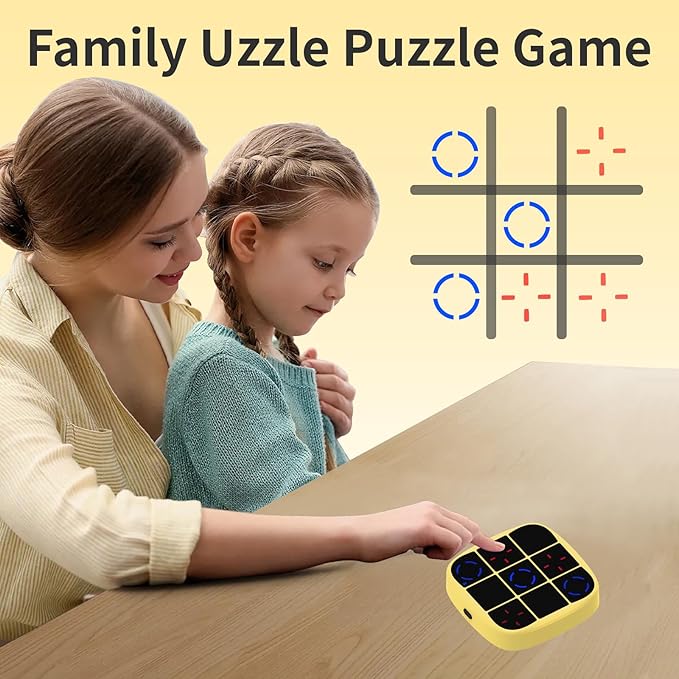 Tic-Tac-Toe Bolt Game, 4-in-1 Handheld Puzzle Game Console, Electronic Tic-Tac-Toe Toy, Educational and Memory Growth, Portable Travel Games for Car Ride, Board Games for Kids and Adults (Yellow)
