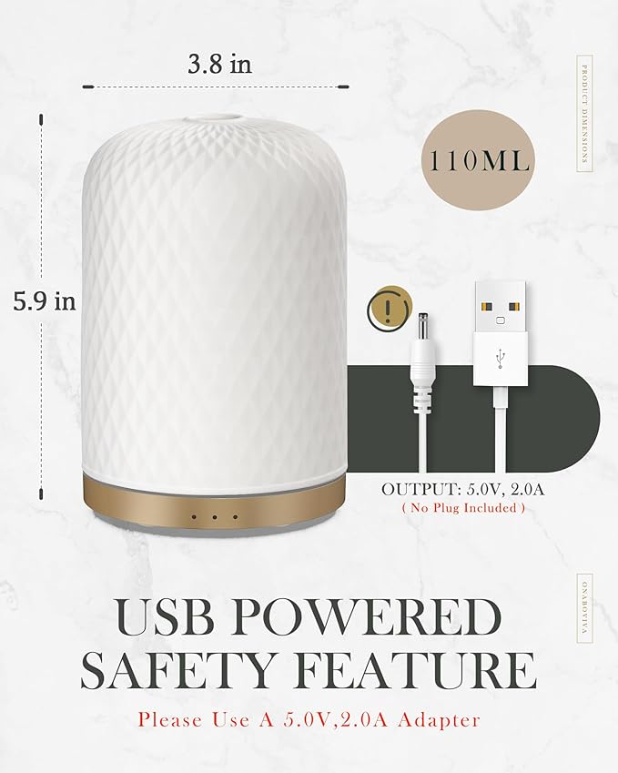 Essential Oil Diffuser,110ML Diffusers for Essential Oils Large Room, Ceramic Diffusers USB Powered Decorative Ultrasonic Defuzzer, Ideal for Aesthetic Home,Dorm Décor, Yoga,White