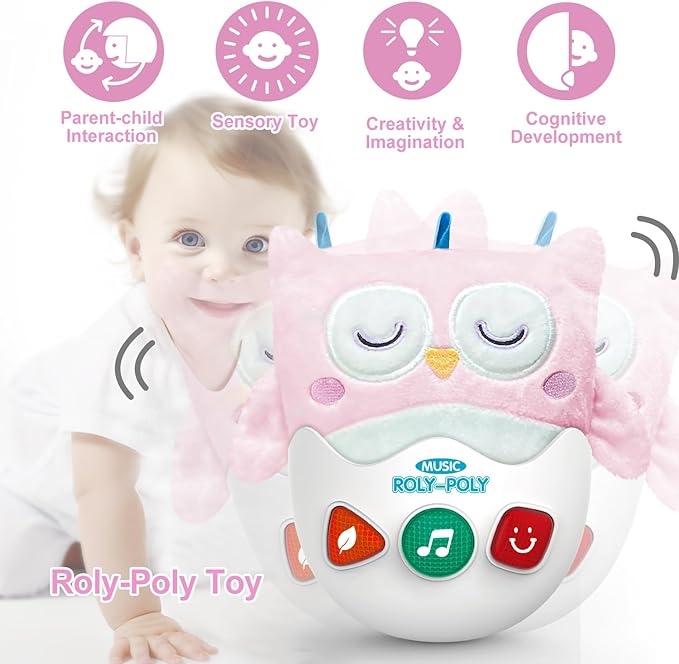 Baby Toys 0-6-12 Months, Plush Owl Stuffed Animal Musical Toys with Light & Sounds, Infant Roly-Poly Sensory Birthday Easter Egg Gift for Newborn Boys & Girls