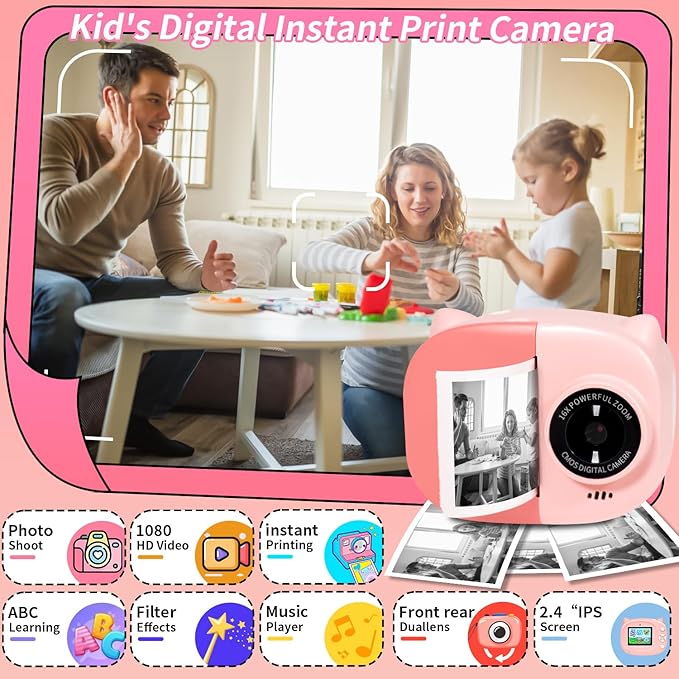 Instant Print Camera Toy for Kids, Girls Birthday Gifts for 3 4 5 6 7 8 Year Old Learning Music Story Player, 1080P HD Dual-Lens Creative Instant Camera (Pink)