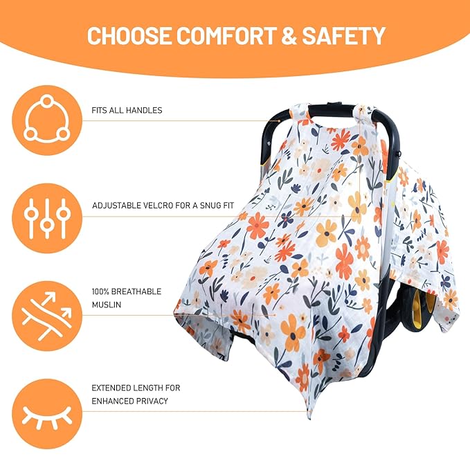 80S Muslin Car Seat Cover for Babies - Soft & Breathable Infant Carrier Canopy, Lightweight Sunshade for Summer, Universal Fit for Baby Boys & Girls