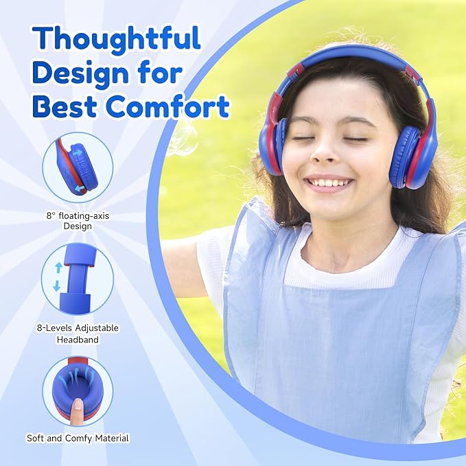 EarFun K2 Kids Bluetooth Headphones, Kids Headphones with Volume Limited, 40H Playtime, Built-in Mic, Stereo Sound, Foldable Over-Ear Headphone for School/Travel/iPad/Tablet, Blue