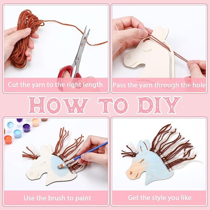 Geelin 24 Pcs Christmas Wooden Horse Craft Western Ornament Unfinished Wooden Cutouts Horse Painting Kit Unicorn Ornament DIY Cowboy Craft Paint Your Own Art for Christmas Party Favors(Cute)