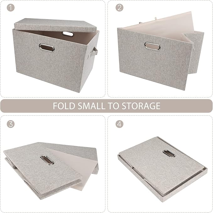 Large 17" 36 Quart Collapsible Stackable Storage Bins with Lids, 3 Packs Beige Linen Fabric Closet Boxes with Lids, Storage Cube Baskets Container Organizers for Bedroom Office(17 x12 x11)
