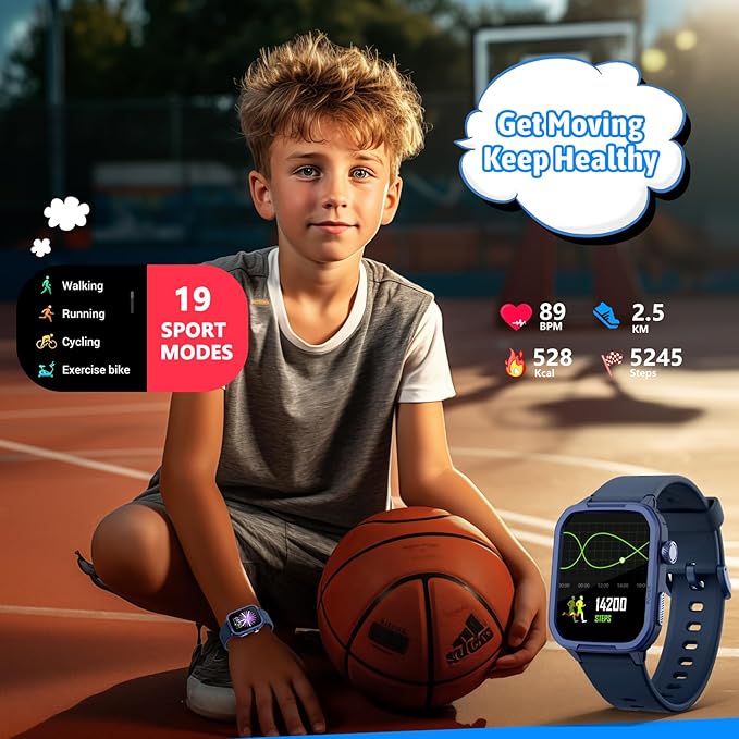 Smart Watch for Kids No Phone Needed, Tempered Glass Fitness Tracker Boy Teens with 19 Sport Modes, Pedometer, Sleep Monitor, Kids Watch Birthday Gifts Toy Gift for Girls Boys 6-16 (Blue)