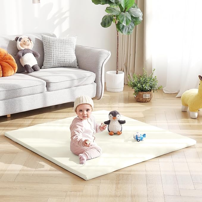 Baby Play Mat 48"x48" – Thick, Non-Slip Foam Mat for Babies and Toddlers. Foldable, Scrubbable, Odorless, and Soft, Ideal for Playpens, Crawling, and Indoor Playtime-Beige