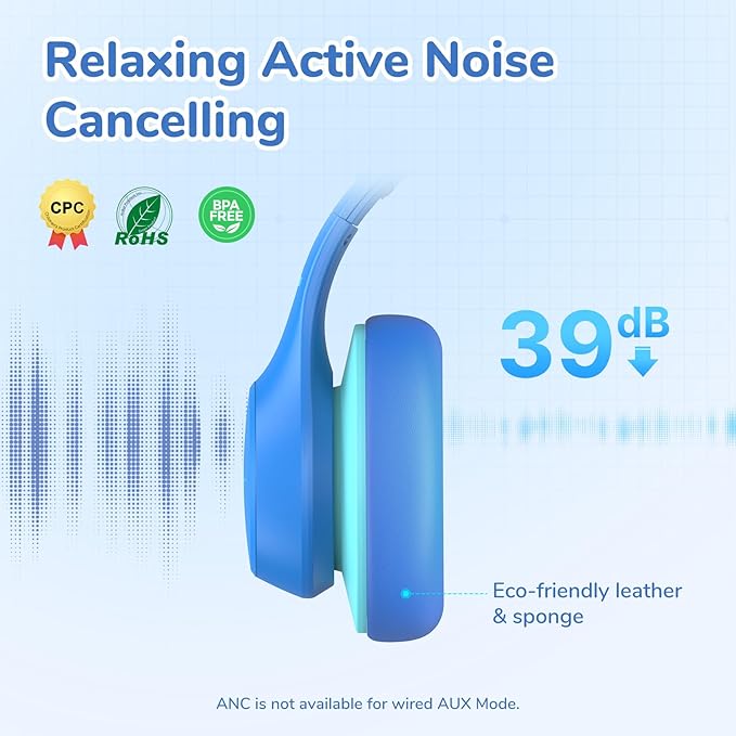 EarFun K4NC Active Noise Cancelling Headphones for Kids, 120H Playtime, 74/85/94dBA Volume Limited, Kids Bluetooth Headphones with Mic, Bluetooth 5.4, Stereo Sound Kid Headset for School/Home/Travel