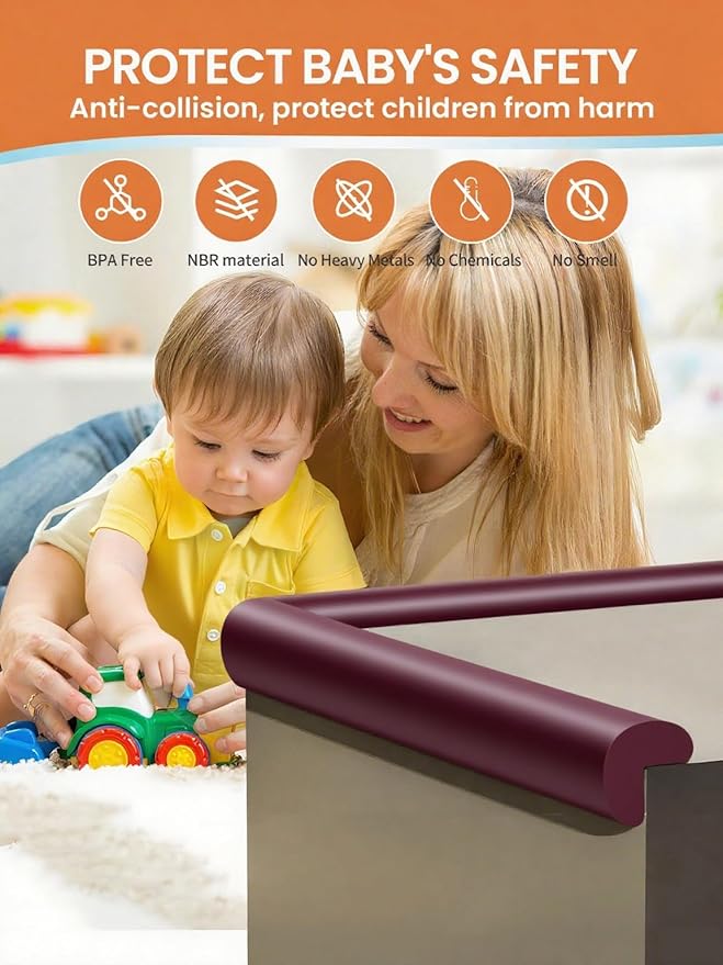 Baby Proof Edge Corner Protector, 16.4FT 0.47''Th L-Shape Furniture Corner & Edge Safety Bumpers with 10 Corners, Pre-Taped, Soft NBR Rubber Foam Desk Edge Cushion Wall Corner Protector (Brown)