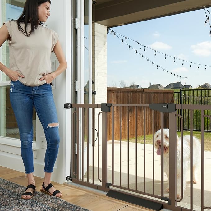 Cumbor 29.7-57" Extra Wide Baby Gate for Stairs, Mom's Choice Awards Winner-Dog Gate for Doorways, Pressure Mounted Walk Through Safety Child Gate for Kids Toddler, Tall Pet Puppy Fence Gate, Brown