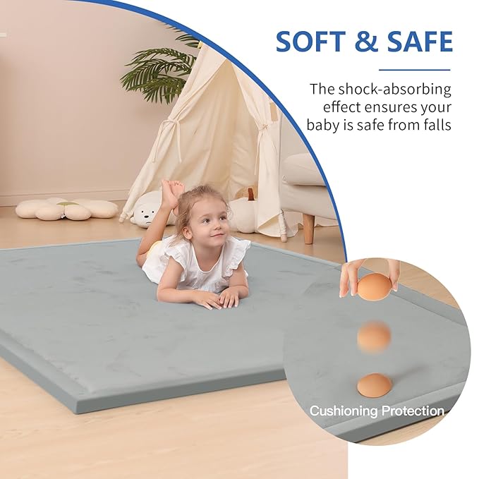 Baby Play Mat for Floor,1.3" Thick Elasti-Foam 50x50 Playpen Mat for Toddlers Infant Kids,Water-Repellent Soft Coral Velvet Tummy Time Mat,Non Slip Crawling Mat,Tatami Mat(Light Grey)