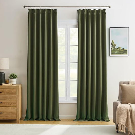 KEQIAOSUOCAI 96 Inch Curtains with Pinch Pleat,Warm Cold Blocking Block Out Room Darkening Curtain Drapes for Living Room 8 ft Tall(Dark Olive Green, 40" W x 96" L,2 Panels)