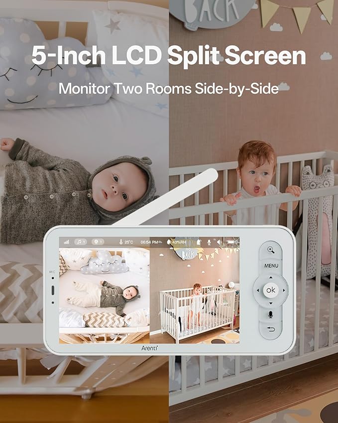 ARENTI Baby Monitor with 2 Cameras, Cry&Motion Detection, 2K Smart Baby Camera with 5'' Upgraded Wireless Display, 2 Way Audio, Super Night Vision, Lullabies, Breathing Light, Temp&Humidity Sensor