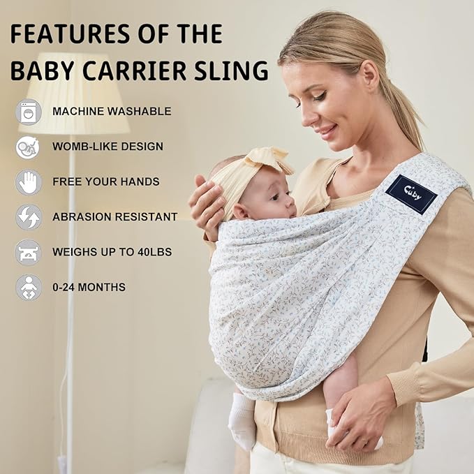 CUBY Wrap Baby Sling Carrier, Baby Wraps Sling Carrier Adjustable Breathable Lightweight Easy to Wearing - Baby Slings for Newborn Infant Toddler Front & Hip Carry Up to 40lbs (Blue Flower)