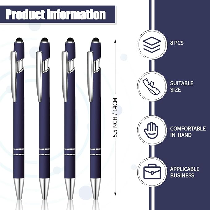 8 Pieces Ballpoint Pen with Stylus Tip Black Ink 2 in 1 Stylus Metal 1.0 mm Medium Point Smooth Pen Rainbow Colorful Rubberized Ballpoint for Touch Screen Tablet(Dark Blue)