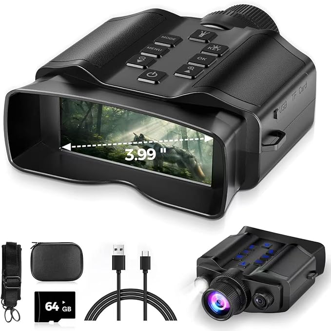Night Vision Goggles for Adults, Night Vision Binoculars with10000mAh Rechargeable Battery, 3.99" HD Screen & 64GB Card, Infrared Binoculars for Hunting, Camping, Surveillance