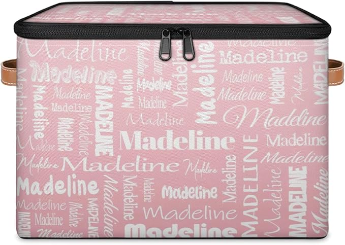 Custom Storage Basket with Name, Personalized Storage Bins with Zipper Lid, Foldable Fabric Storage Box Large capacity with Handle Pink