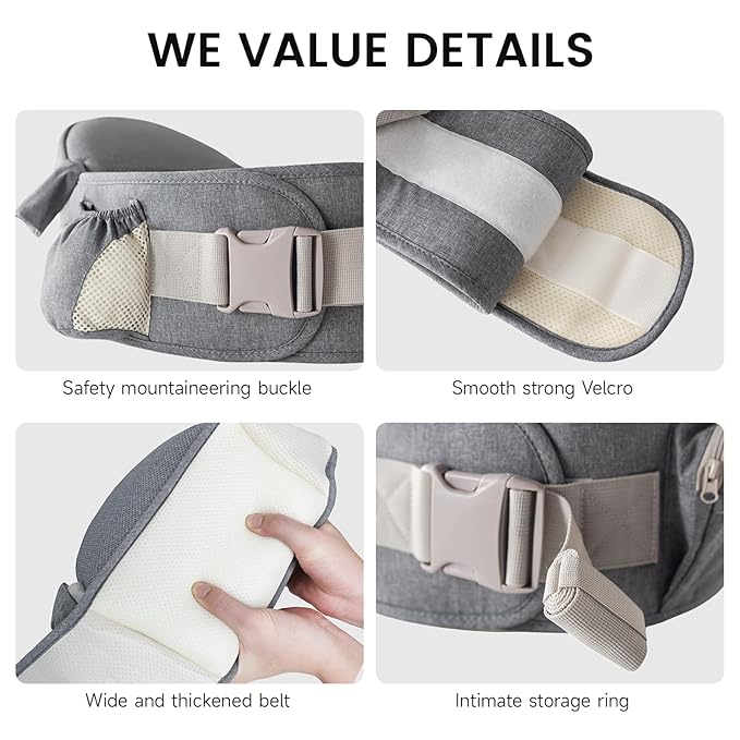 Baby Carrier with Hip Seat Adjustable Strap Huge Storage 4-in-1Toddler Carrier Enhanced Lumbar Support Ergonomic Baby Hip Carrier for Newborns & Toddlers Gray