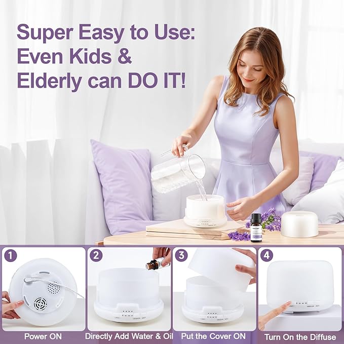 Diffusers for Essential Oils Large Room 500ML+6 Oil Set, Bluetooth Speaker+Remote+8 RGB Lights Essentail Oil Diffuser, Easy to Use & 23Db 100% Quiet Oil Diffuser Large Room, Diffusers for Home