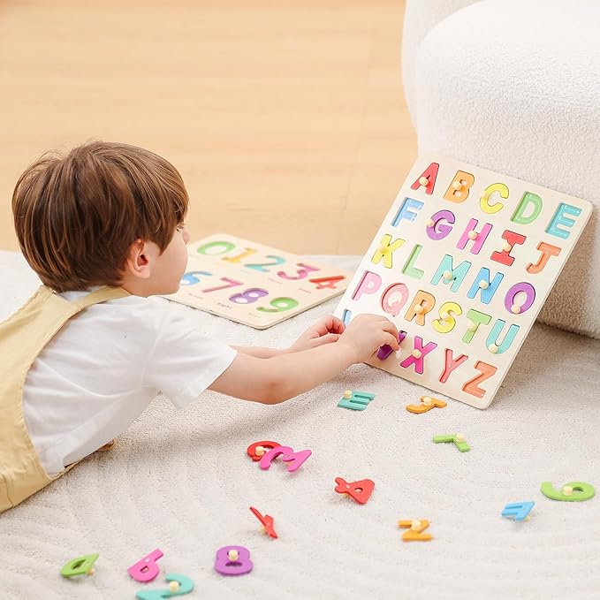 GRINNNIE Toddler Puzzle for 1 2 3 Years Old, Wooden Alphabet Number Peg Puzzles for Preschool Toddlers Age 2-4, Great Learning Puzzle Toy 1st Birthday Gift for Girls Boys