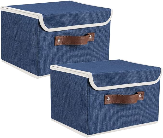 Lucky Monet Storage Bins Boxes with Lids 2 Pack Decorative Storage Boxes Collapsible Fabric Storage Basket Containers Lidded Storage Cube for Organizing Closet Home Office, 10"x 8"x 7" (Blue)