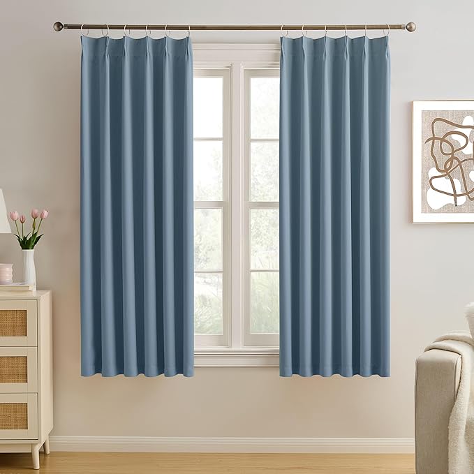 KEQIAOSUOCAI Dusty Slate Blue Blackout Curtains for Boys Bedroom, Pinch Pleat with Hooks, Room Darkening Block Out Curtain 63 Inches Long 2 Panels, 40 by 63 Inch Dark Steel Blue