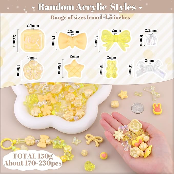 Assorted 170-230PCS Yellow Acrylic Beads for Bracelet Making, Flower Bow Butterfly Candy GummyBear Aesthetic Bracelet Charms,Cute Beads for Jewelry Making DIY Necklace Keychain Phone Charm