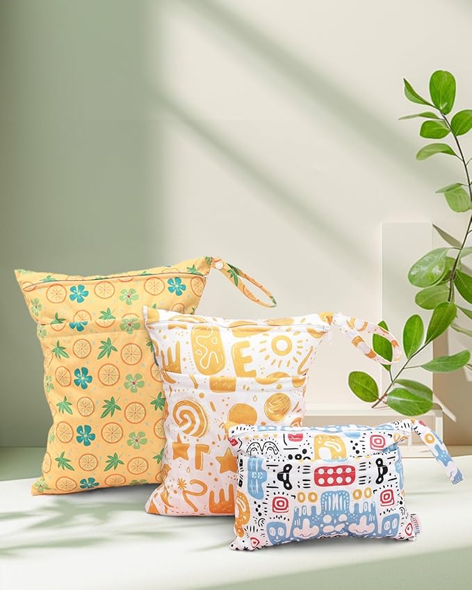 ALVABABY 3 Cloth Diaper Wet Dry Bags Waterproof Reusable with Two Zippered Pockets Travel Beach Pool Daycare Soiled Baby Items Yoga Gym Bag for Swimsuits or Wet Clothes Small medium Large 3L-SML05