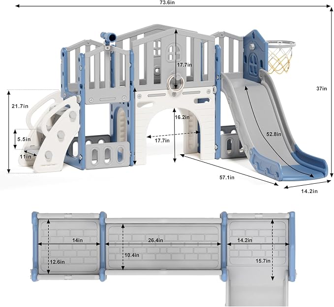 8 in 1 Toddler Slide Set, Kids Slide for Toddlers Age 1-3, Toddler Climber Slide PlaySet with Basketball Hoop and Ball, Outdoor Indoor Kids Playground for Toddlers 1-3, Blue Grey
