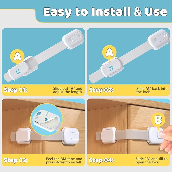 4our Kiddies Child Safety Cabinet Locks for Babies (6 Pack), Child Proof Latches for Cabinets and Drawers Doors, Baby Proofing Cabinet Strap Locks for Cupboard and Closet with 6 Pcs Extra 3M Adhesives