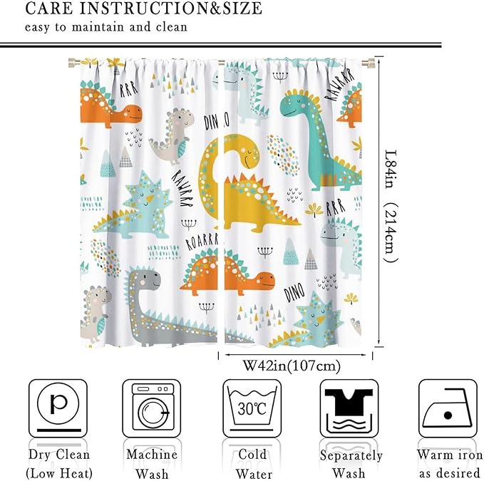 Dinosaur Curtains for Kids Boys Girls Home Decor Childish Cute Dino Animals Print Pattern Rod Pocket Blackout Window Drapes for Nursery Baby Bedroom Playroom W42xL84in 2 Panels
