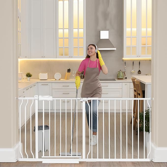 Extra Wide Baby Gate Extra Tall Dog Gate for Stairs Doorways White Metal Tension Child Pet Safety Gates with Pressure Mount 62-67 Inch (White)