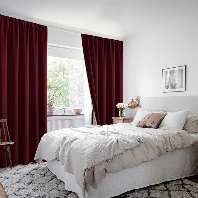 XWZO Full Shading Blackout Curtains 54 Inches Length - Heat and Light Blocking Rod Pocket Window Drapes with Black Liner Backing for Bedroom Sewn with Tiebacks, Burgundy, W42 x L54, Set of 2 Panels