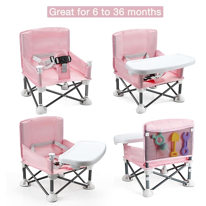 PandaEar Portable Baby Seat Travel| Compact Fold with Straps for Indoor/Outdoor Use| Great for Camping, Beach, Lawn |Toddlers, Kids, Boys, Girls (Pink)