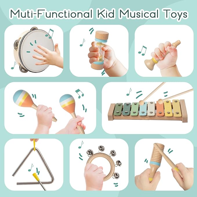 Baby Musical Instruments - Wooden Montessori Toys for Toddlers 1-3,Modern Boho Xylophone Includes Songbook with 13 Kids' Songs,Neutral Colors Wooden Percussion Instruments Set