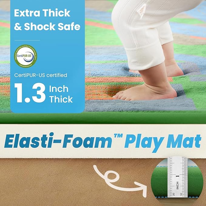 Kids Play Rug, 1.3" Thickened Knee Protection Playmat 39"×59" Car Mat for Track Racing Non-Slip Educational Activity Mat Toddler Rugs for Play Area