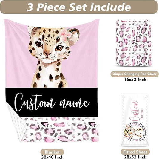 Custom Name Crib Bedding Set - Pink Leopard Theme, Personalized Nursery Bedding 3-Piece Set– Soft Blanket, Fitted Sheet, Changing Pad Cover – for Newborns Girls Nursery Gifts