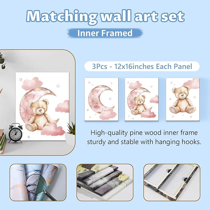 Custom Baby Crib Set, 5 Pcs Personalized Name Pink Bear Theme for Infants Toddlers, Nursery Bedding for Girls, Double Layer Customized Gifts