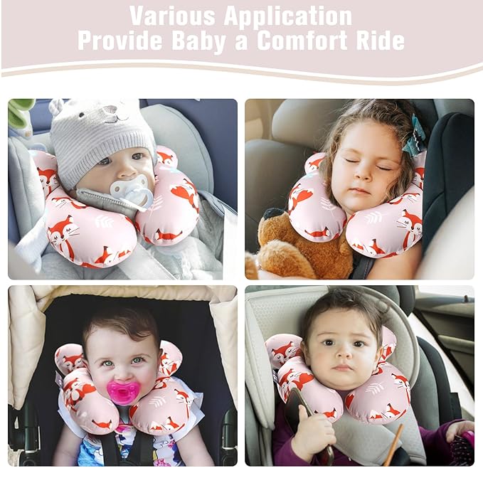 vocheer Baby Travel Pillow(Upgraded), Head and Neck Support Pillow for Pushchair, Car Seat,Stroller, Bouncer, Cotton, Orange Fox