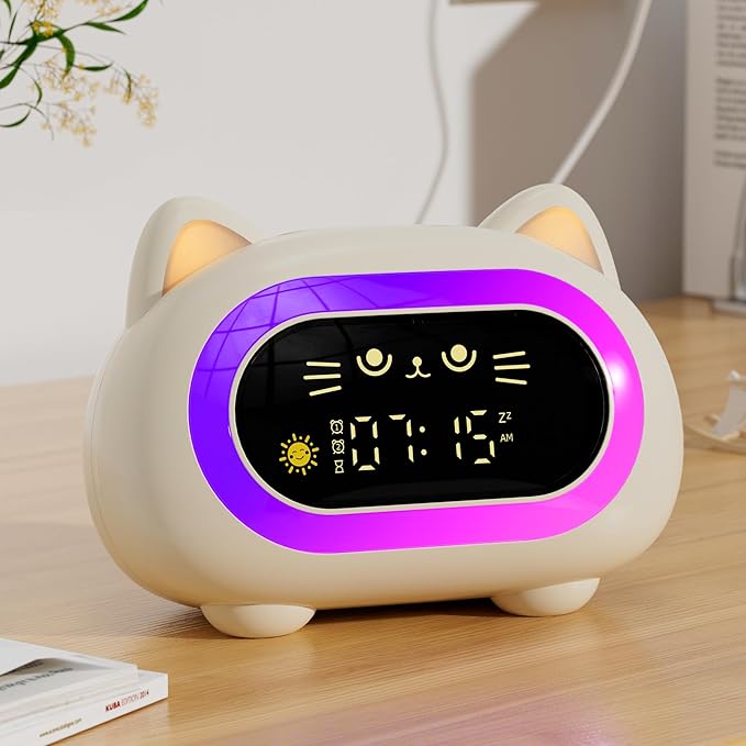Honesorn Alarm Clock for Kids, Ok to Wake Clock for Kids, Cute Cat Kids Alarm Clock for Girls Boys Toddler, Kids Clock with 10 Night Lights, 7 Soothing Sounds, Auto-Off Timer, Child Lock, Cream White
