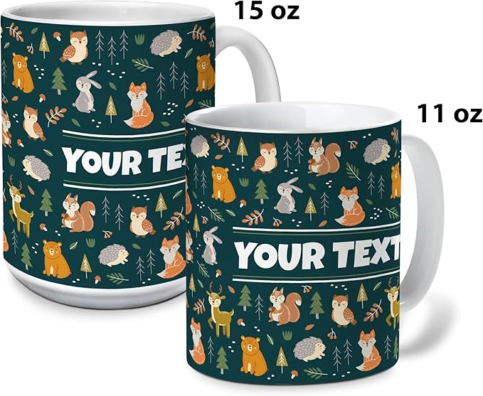 Personalized Mug for Kids - Woodland Animals - Custom Name/Text, Ceramic Hot Chocolate/Cocoa/Coffee Cup for Boys/Girls, Birthday/Christmas/Holiday Gift - 15 oz, White Handle