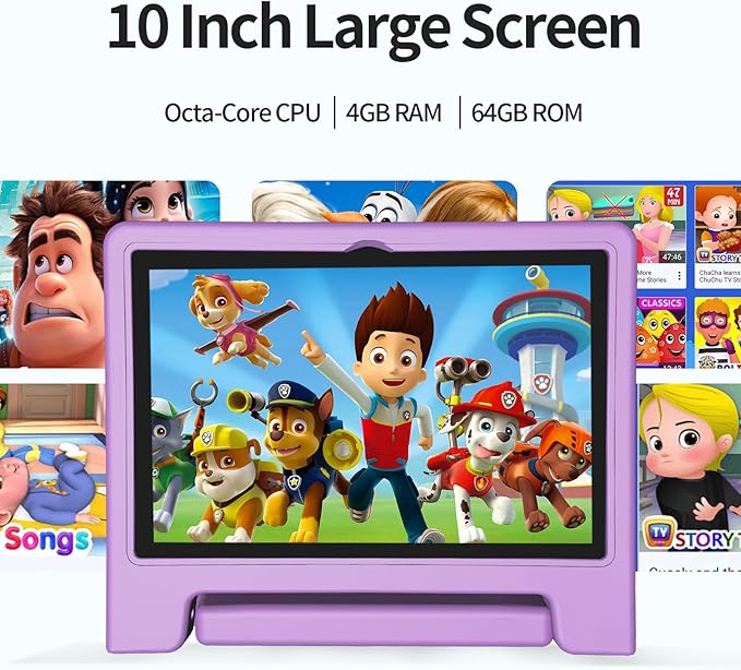 JREN Tablet for Kids｜10 Inch Kids Tablet Android 14｜Octa-core｜64GB｜WiFi ｜Bluetooth｜Parental Control｜Children Content｜Children Toddler Purple
