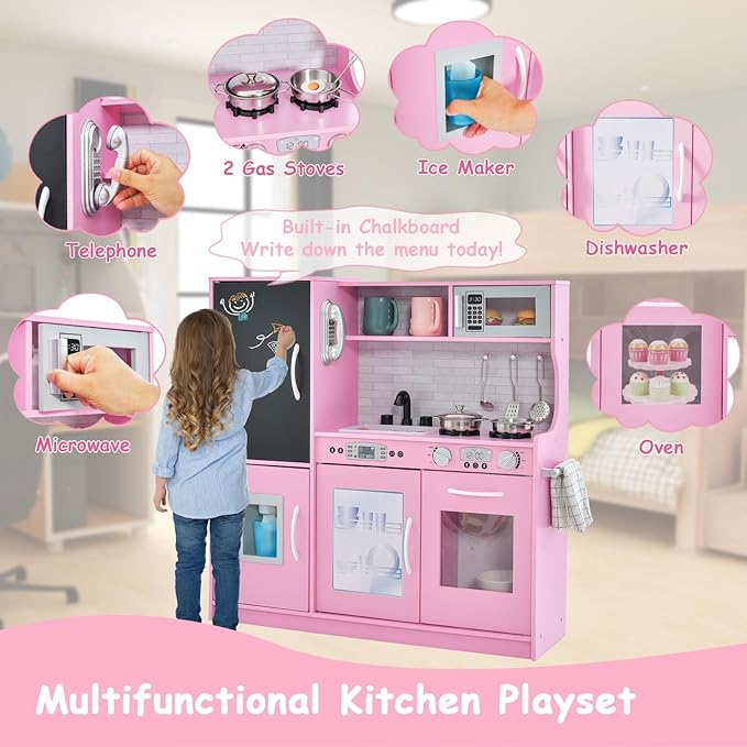 HONEY JOY Pink Kids Kitchen Playset, Wooden Little Chef Pretend Toy Kitchen Set w/Chalkboard, Telephone, Utensils, Oven, Microwave, Sink, Play Kitchen for Toddlers, Gift for Boys Girls, Pink