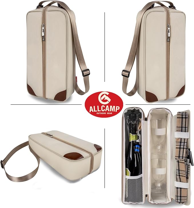 ALLCAMP Wine Tote Bag with Cooler Compartment，Picnic Set Carrying Two Sets of Tableware（Cream-Colored）