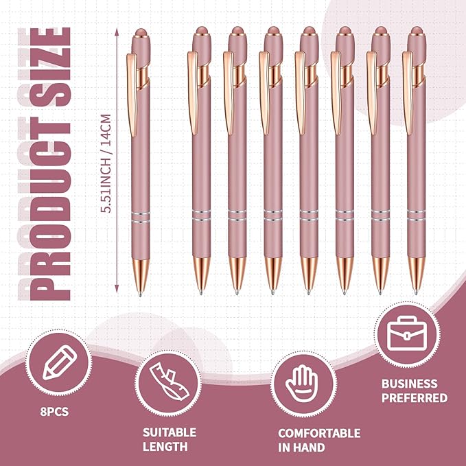 8 Pieces Ballpoint Pen with Stylus Tip Black Ink 2 in 1 Stylus Metal 1.0 mm Medium Point Smooth Pen Rainbow Colorful Rubberized Ballpoint for Touch Screen Tablet(Rose Gold)