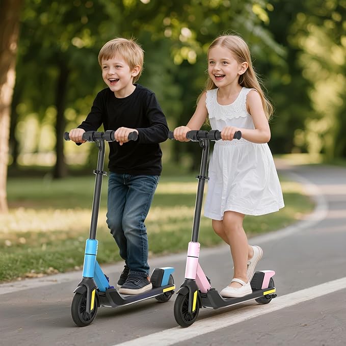 Electric Scooter for Kids Ages 6-12， Max Speed 6.5MPH, max Range 6Miles， with Acceleration Throttle and Electronic Brake， Foldable and Height Adjustable Kids Electric Scooter