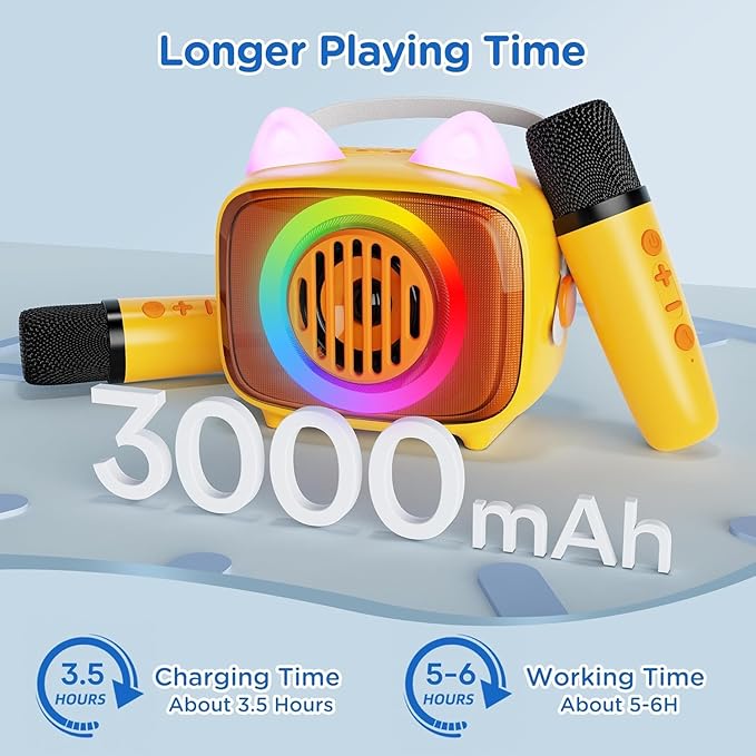 BIGASUO Karaoke Machine for Kids, Mini Portable Bluetooth Speaker with 2 Wireless Microphones and LED Lights, Kids Toys Ideal Gifts for Girls & Boys Birthday Home Party