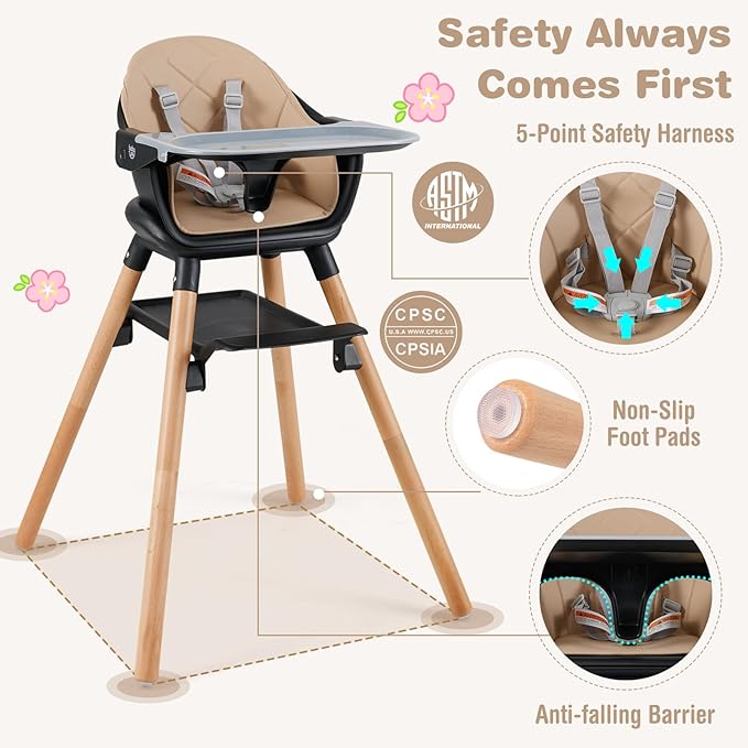 BABY JOY Baby High Chair, 6 in 1 Convertible Wooden High Chair for Babies & Toddlers with Adjustable Legs, Double Removable Tray, Safety Harness & Waterproof PU Cushion (Coffee)