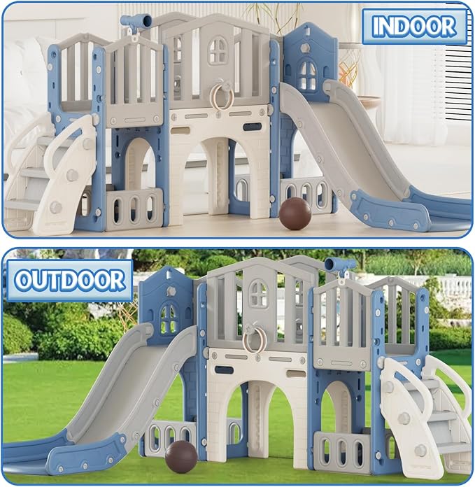 8 in 1 Toddler Slide Set, Kids Slide for Toddlers Age 1-3, Toddler Climber Slide PlaySet with Basketball Hoop and Ball, Outdoor Indoor Kids Playground for Toddlers 1-3, Blue Grey