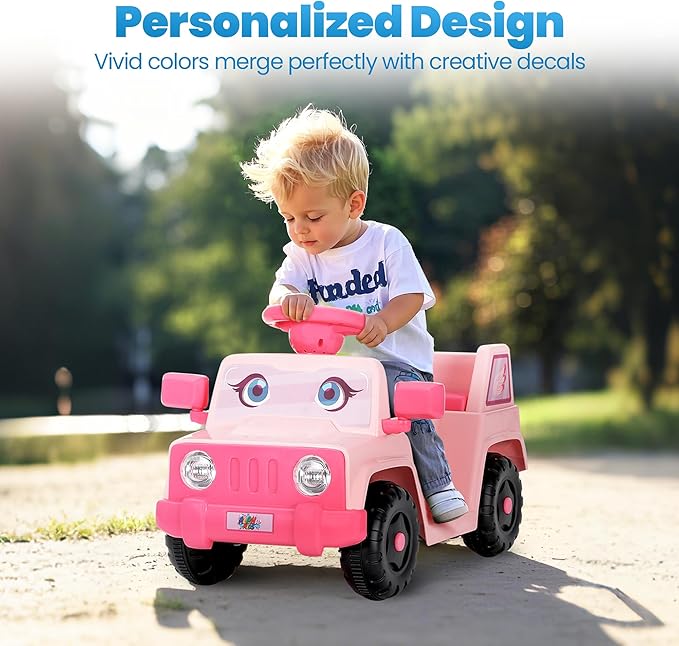 6V Toddler Ride-On Car with Horn LED Front Light Rear Storage and Eyes Theme – Fun & Safe Electric Car for Boys & Girls 18+ Months – Perfect for Little Explorers(Pink Eyes)