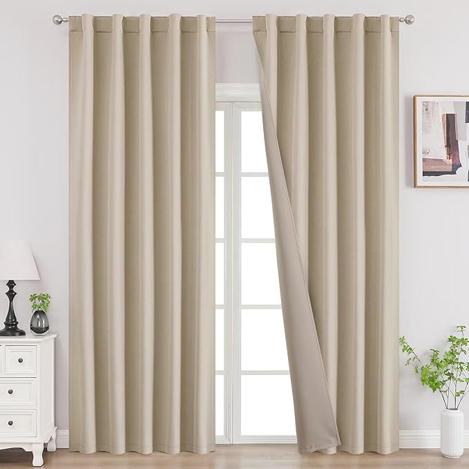 Joydeco 72 Inch Blackout Curtains for Bedroom, Thermal Insulated Black Out Curtains, Room Darkening Drapes for Living Room Window Rod Pocket Back Tab (W37 x L72 Inch, Light Beige)